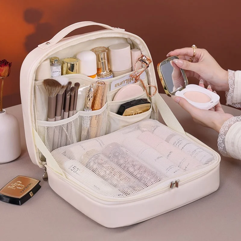 8098 Large Capacity Portable Makeup Bag For Travel Luxury Toiletry Organizer Double Layer Waterproof Cosmetic Case - Beige