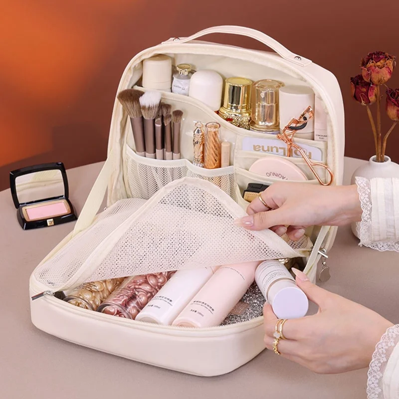 8098 Large Capacity Portable Makeup Bag For Travel Luxury Toiletry Organizer Double Layer Waterproof Cosmetic Case - Beige