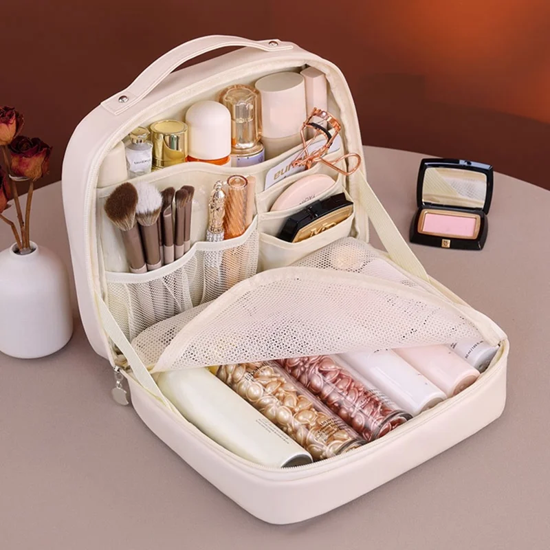 8098 Large Capacity Portable Makeup Bag For Travel Luxury Toiletry Organizer Double Layer Waterproof Cosmetic Case - Beige