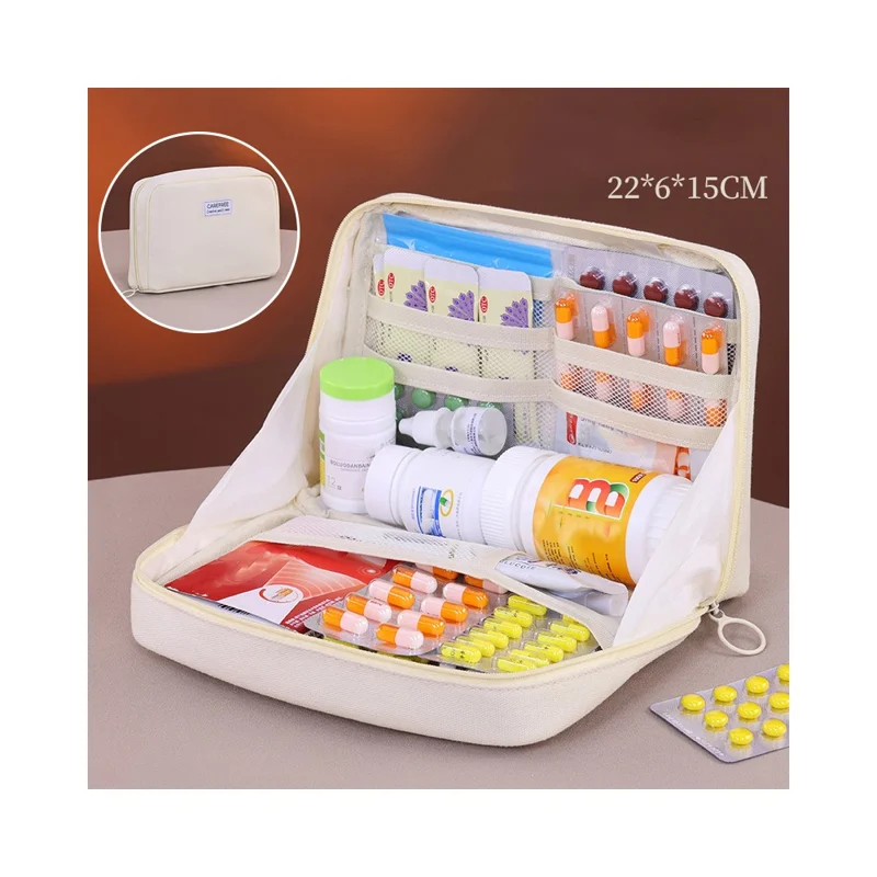 3003 Canvas Household Medicine Storage Bag Large Capacity Medical Organizer Portable Pills Bag with Multiple Compartments - Beige