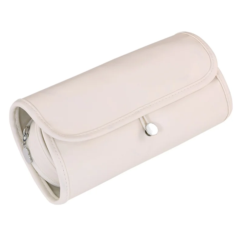 8094 Bolsa de Almacenamiento de Cuero PU para Brochas de Maquillaje, Bolsa de Cosméticos Plegable Impermeable con Gran Capacidad y Bolsillos de Malla - Blanco