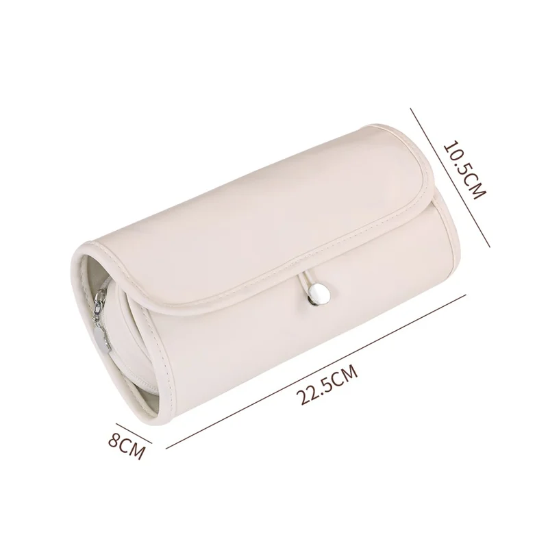 8094 Bolsa de Almacenamiento de Cuero PU para Brochas de Maquillaje, Bolsa de Cosméticos Plegable Impermeable con Gran Capacidad y Bolsillos de Malla - Blanco