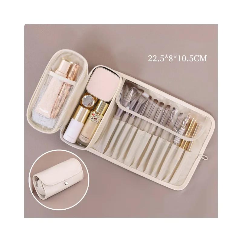 8094 Bolsa de Almacenamiento de Cuero PU para Brochas de Maquillaje, Bolsa de Cosméticos Plegable Impermeable con Gran Capacidad y Bolsillos de Malla - Blanco