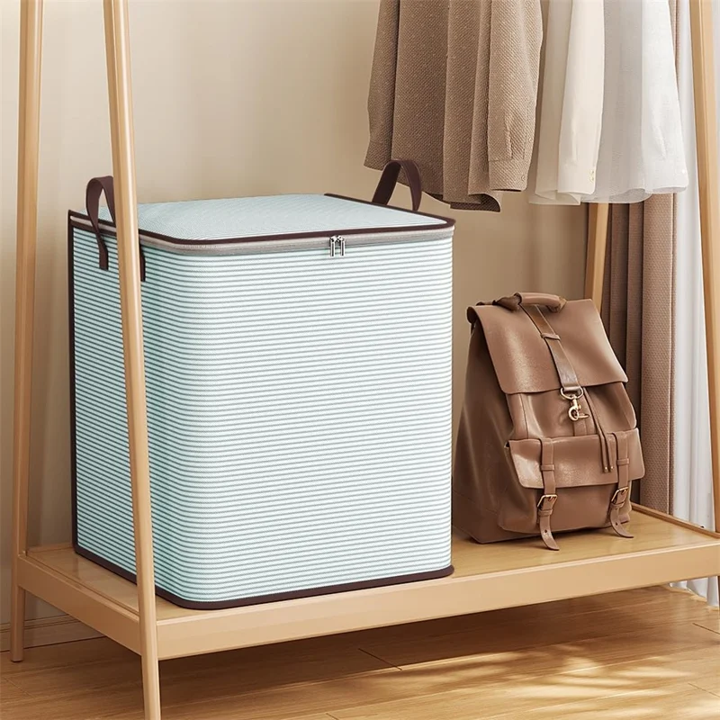 140L Large Capacity Stripe Storage Bag Foldable Luggage Bag Moisture-Proof Clothes Organizer with Double Zipper and Handles - Green Stripe