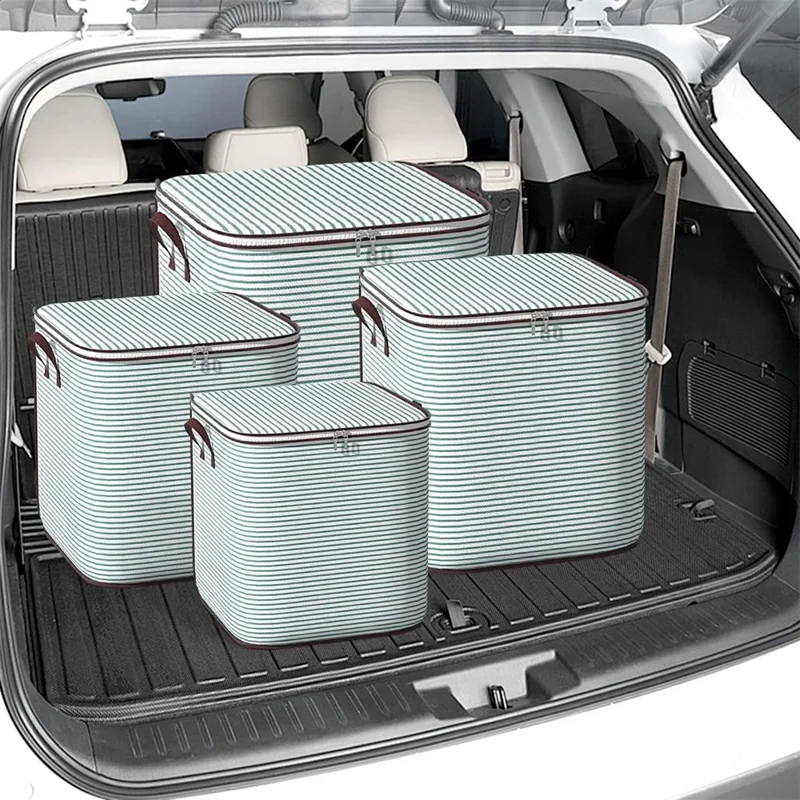 140L Large Capacity Stripe Storage Bag Foldable Luggage Bag Moisture-Proof Clothes Organizer with Double Zipper and Handles - Green Stripe