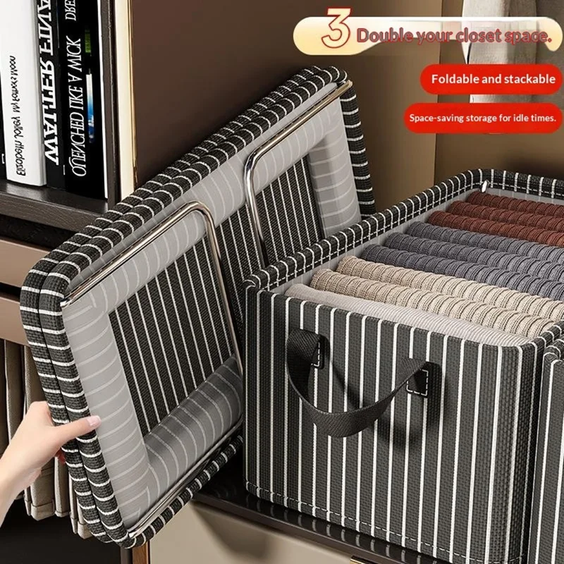 صندوق تخزين بتصميم مخطط وإطار من الصلب، قابل للتكديس، مع حاويات للملابس ومقابض جانبية لتنظيم خزانة الملابس في المنزل - برتقالي مخطط