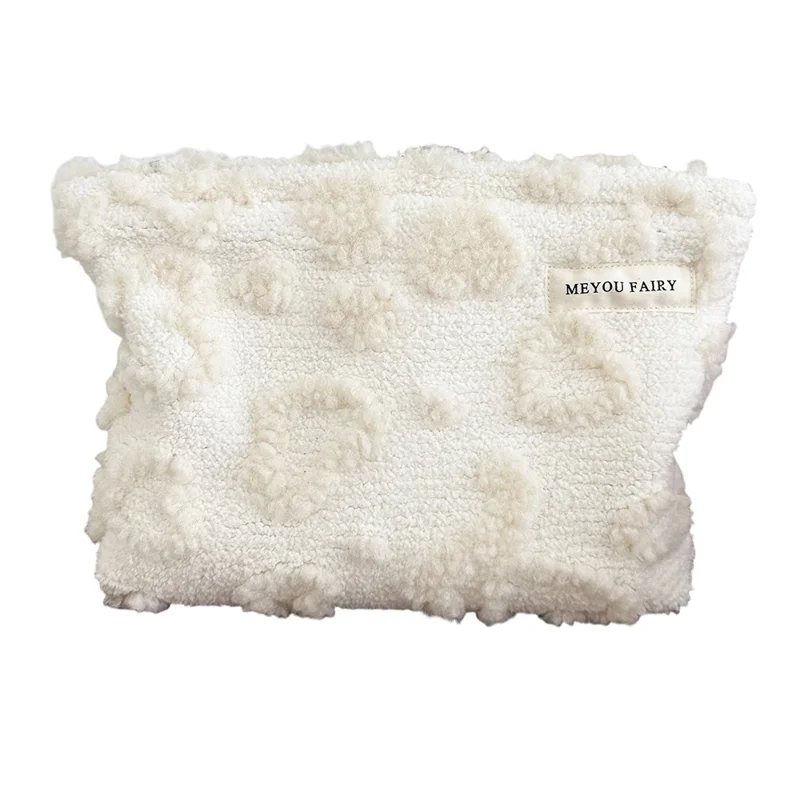 Size S Heart Pattern Soft Plush Makeup Bag Portable Cosmetic Organizer Toiletry Storage Pouch - Beige