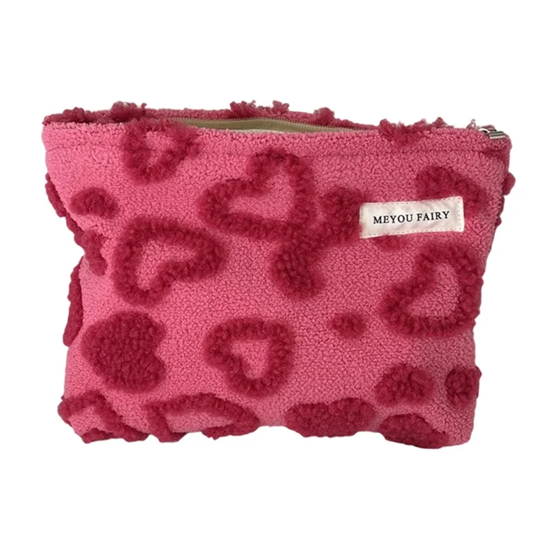 Size L Heart Pattern Soft Plush Makeup Bag Portable Cosmetic Organizer Toiletry Storage Pouch - Rose