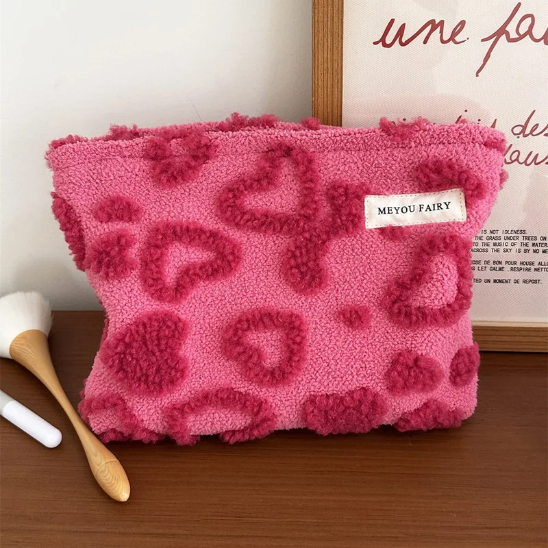 Size L Heart Pattern Soft Plush Makeup Bag Portable Cosmetic Organizer Toiletry Storage Pouch - Rose