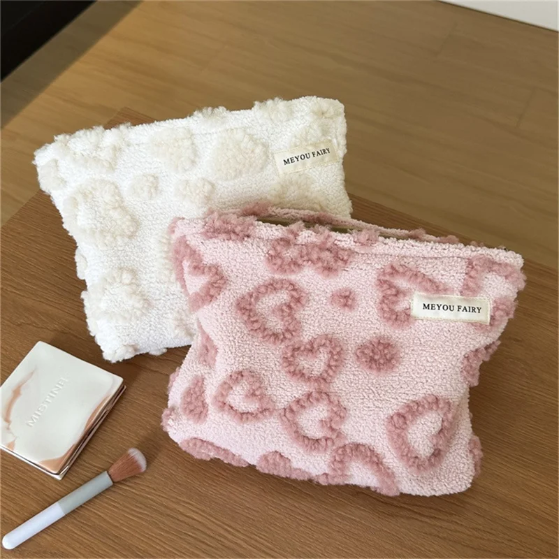 Size L Heart Pattern Soft Plush Makeup Bag Portable Cosmetic Organizer Toiletry Storage Pouch - Rose