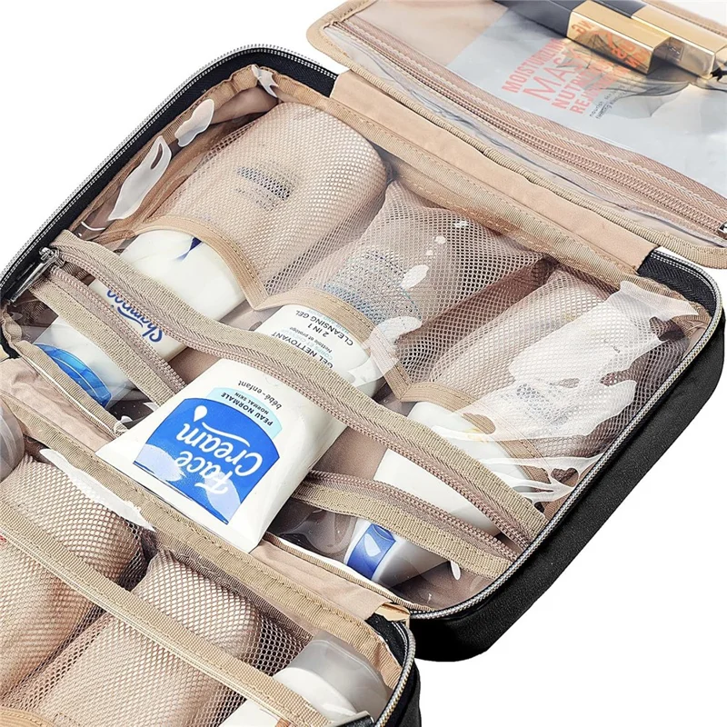 Hanging Toiletry Bag Large Capacity Oxford Cloth Travel Makeup Organizer Waterproof Cosmetic Storage Pouch - Black