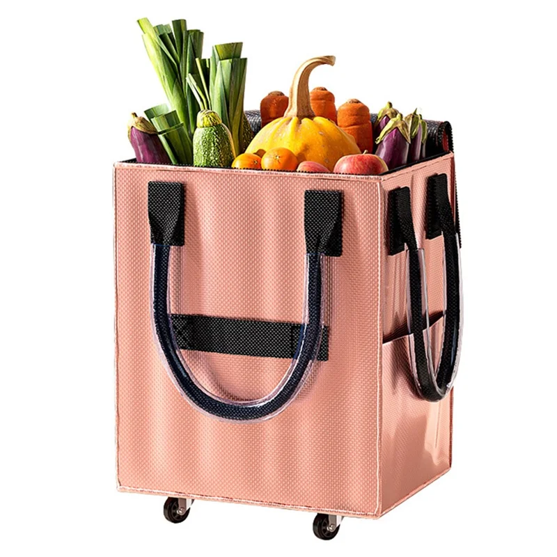 Grocery Bag on Wheels Long Handle Foldable Rolling Shopping Bag for Travel Outdoor Business Trip - Rose Gold