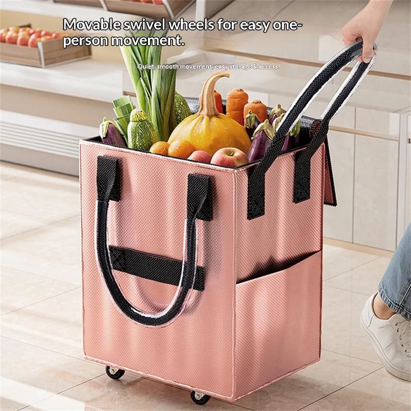 Grocery Bag on Wheels Long Handle Foldable Rolling Shopping Bag for Travel Outdoor Business Trip - Rose Gold