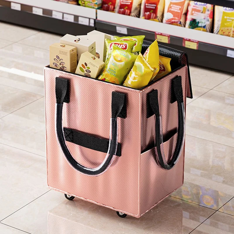 Grocery Bag on Wheels Long Handle Foldable Rolling Shopping Bag for Travel Outdoor Business Trip - Rose Gold