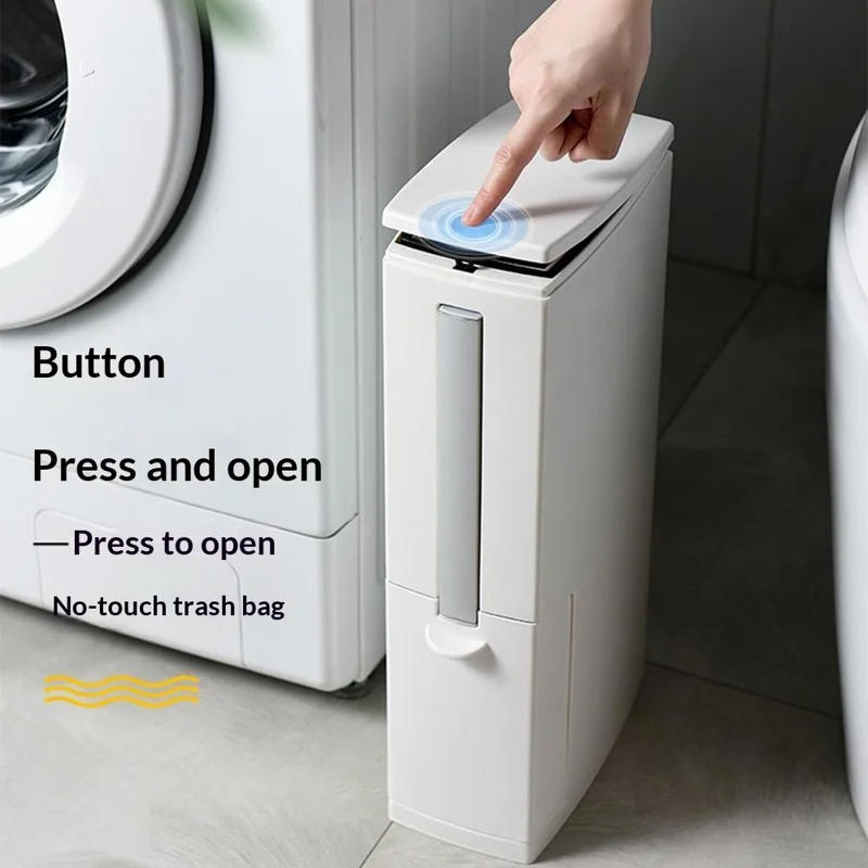 Мусорное ведро в японском стиле с кнопочным механизмом, квадратная урна для ванной комнаты с интегрированной щеткой для унитаза — слоновая кость, белый