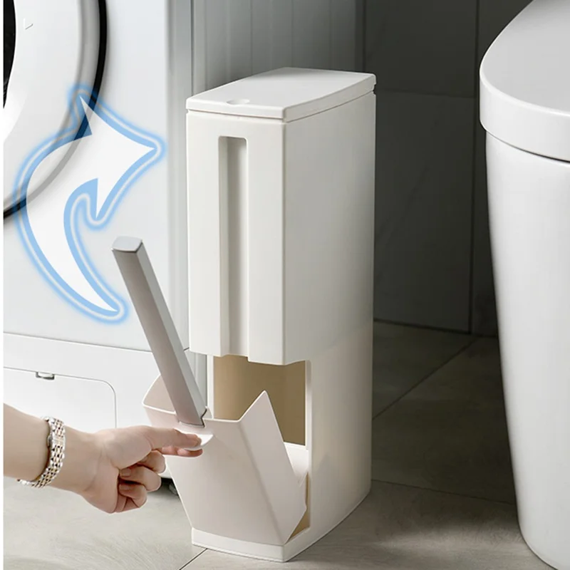 Мусорное ведро в японском стиле с кнопочным механизмом, квадратная урна для ванной комнаты с интегрированной щеткой для унитаза — слоновая кость, белый