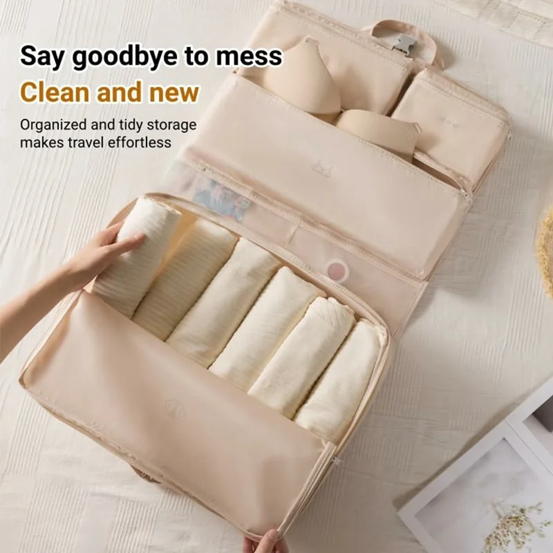 6 in 1 Compression Packing Cubes Travel Organizer Foldable Hanging Clothes Storage Bag for Suitcase - Beige