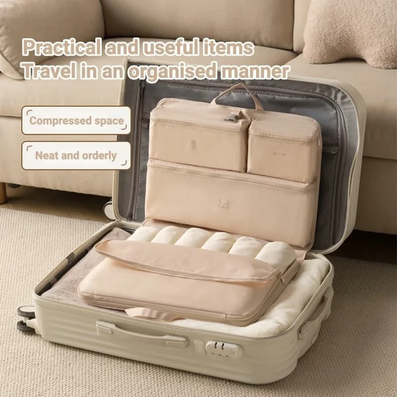 6 in 1 Compression Packing Cubes Travel Organizer Foldable Hanging Clothes Storage Bag for Suitcase - Beige