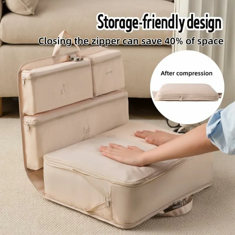 6 in 1 Compression Packing Cubes Travel Organizer Foldable Hanging Clothes Storage Bag for Suitcase - Beige