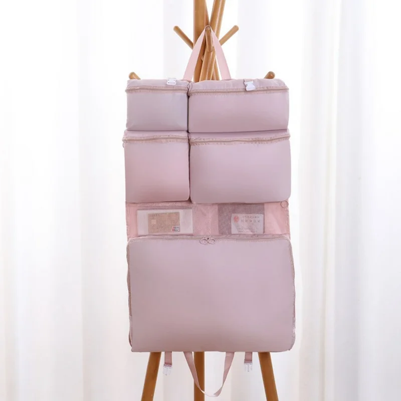 Sacs de Rangement Suspendus avec 7 Compartiments Séparés Organisateur Portable pour Sous-vêtements Sac de Toilette de Grande Capacité pour Voyage Affaires - Rose