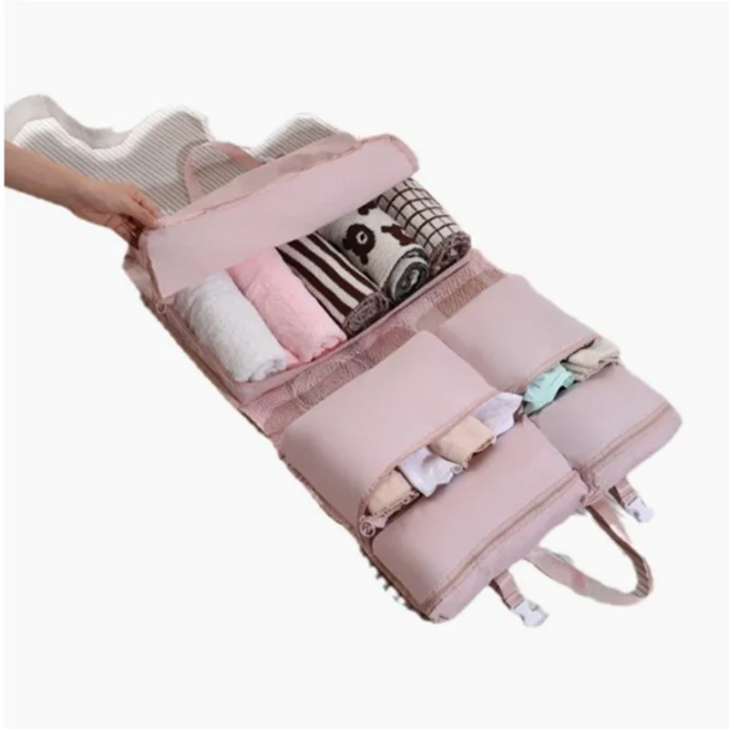 Sacs de Rangement Suspendus avec 7 Compartiments Séparés Organisateur Portable pour Sous-vêtements Sac de Toilette de Grande Capacité pour Voyage Affaires - Rose