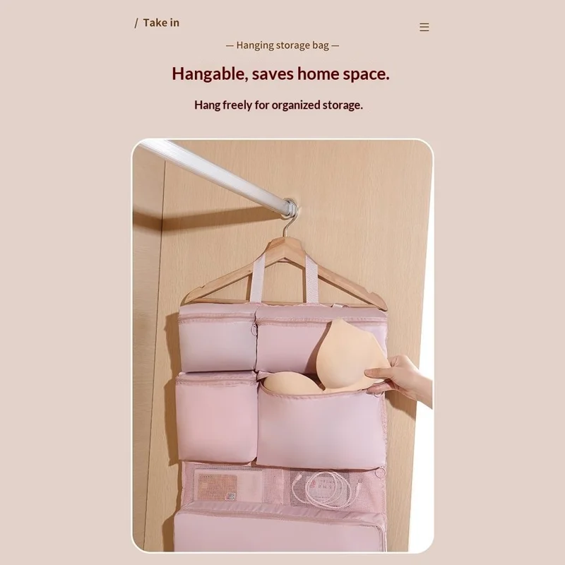 Sacs de Rangement Suspendus avec 7 Compartiments Séparés Organisateur Portable pour Sous-vêtements Sac de Toilette de Grande Capacité pour Voyage Affaires - Rose