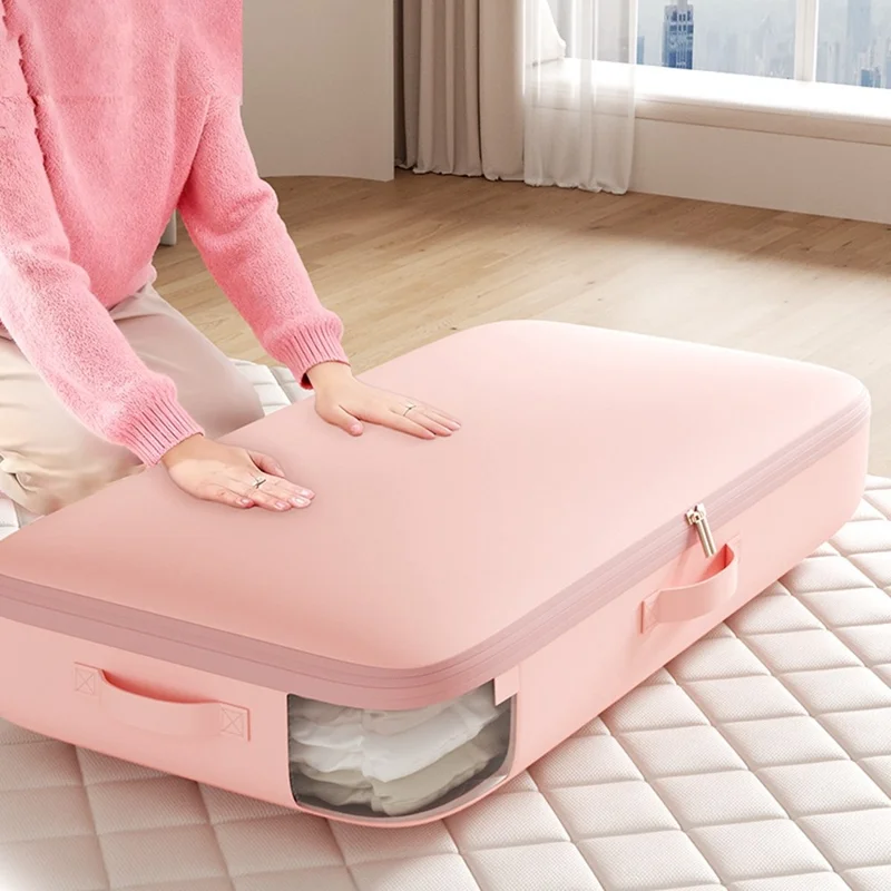 Sac de Rangement en Satin pour Duvet, Sac de Compression Extra-Long et Grande Capacité pour Couettes, Manteaux en Coton - Rose