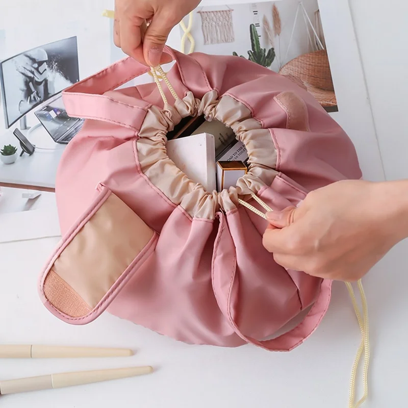 Grande trousse à cordon de serrage rose capacité élevée, portable, résistante à l'usure, organisateur de toilette pour usage quotidien et voyage