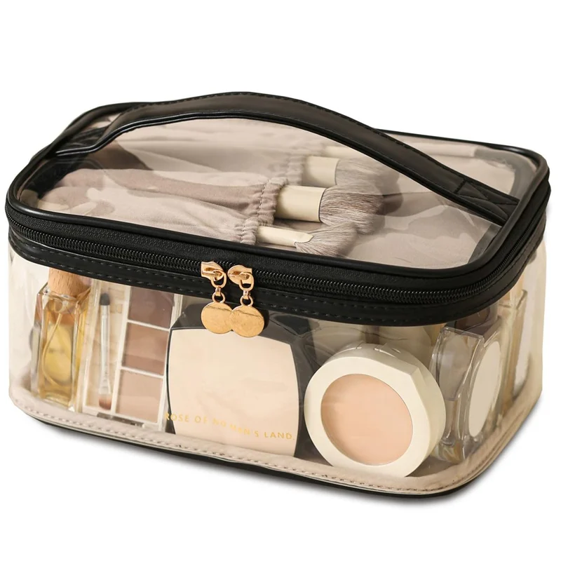 Pochette de Maquillage Transparente de Grande Capacité, Organisateur Étanche pour Voyage avec Fentes pour Pinceaux - Noir