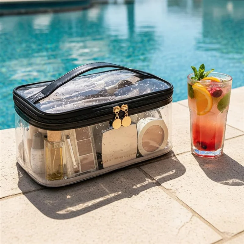 Pochette de Maquillage Transparente de Grande Capacité, Organisateur Étanche pour Voyage avec Fentes pour Pinceaux - Noir