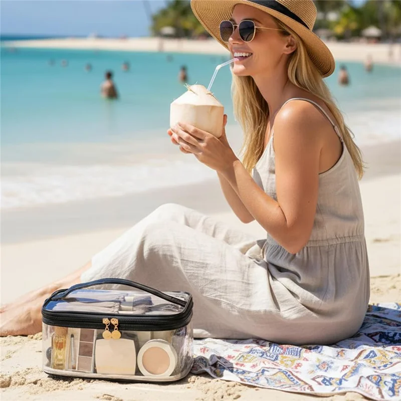 Pochette de Maquillage Transparente de Grande Capacité, Organisateur Étanche pour Voyage avec Fentes pour Pinceaux - Noir