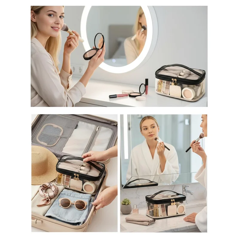 Pochette de Maquillage Transparente de Grande Capacité, Organisateur Étanche pour Voyage avec Fentes pour Pinceaux - Noir