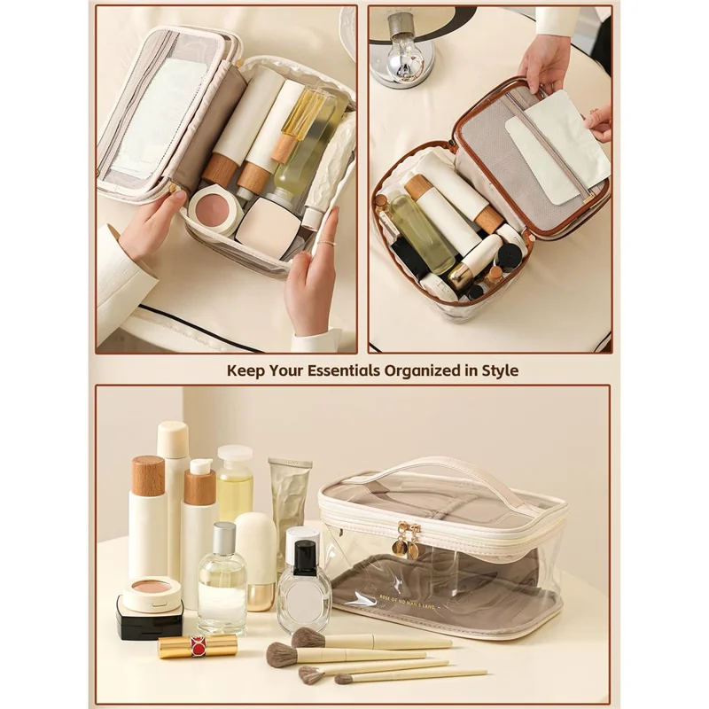 Pochette de Maquillage Transparente de Grande Capacité, Organisateur Étanche pour Voyage avec Fentes pour Pinceaux - Noir