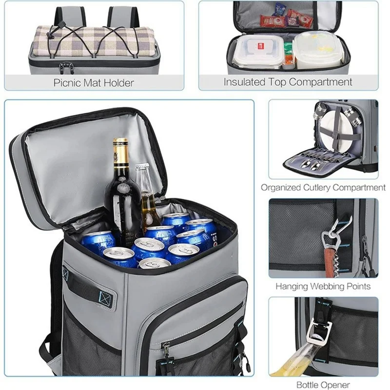 Sac à dos isolé Glacière Sac à lunch Sac de conservation des aliments portable pour camping en plein air pique-nique - Gris