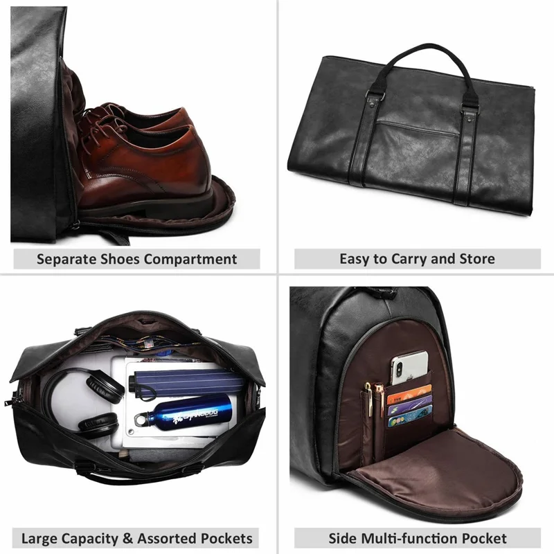 Sac de voyage convertible pour homme, sac de voyage en cuir avec compartiment pour chaussures, bagage imperméable - Noir