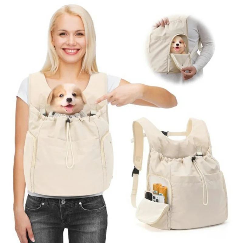 Sac à dos transporteur pour animaux de compagnie, sac frontal pour chats et chiens, sac de voyage portable et respirant pour l'extérieur, randonnée, shopping - Beige