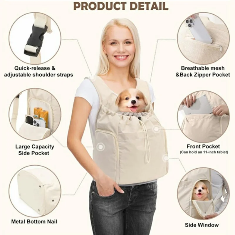 Sac à dos transporteur pour animaux de compagnie, sac frontal pour chats et chiens, sac de voyage portable et respirant pour l'extérieur, randonnée, shopping - Beige