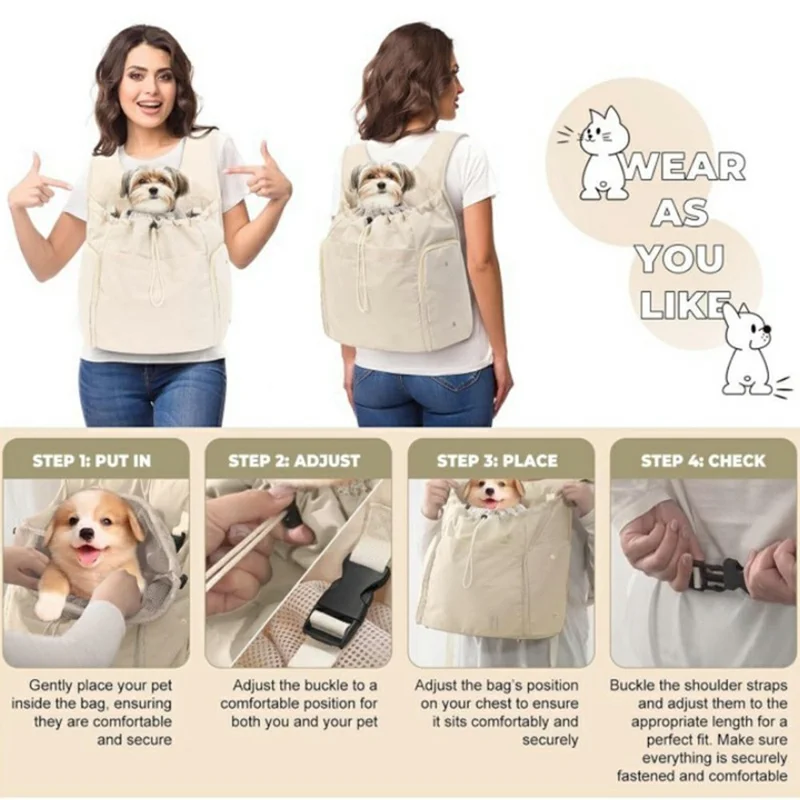 Sac à dos transporteur pour animaux de compagnie, sac frontal pour chats et chiens, sac de voyage portable et respirant pour l'extérieur, randonnée, shopping - Beige