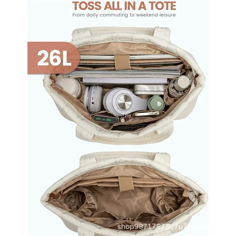 Sac fourre-tout zippé de 26 L, grand volume, sac à main matelassé pour ordinateur portable, doté de multiples poches et fonction antivol, pour bureau et voyage - Blanc