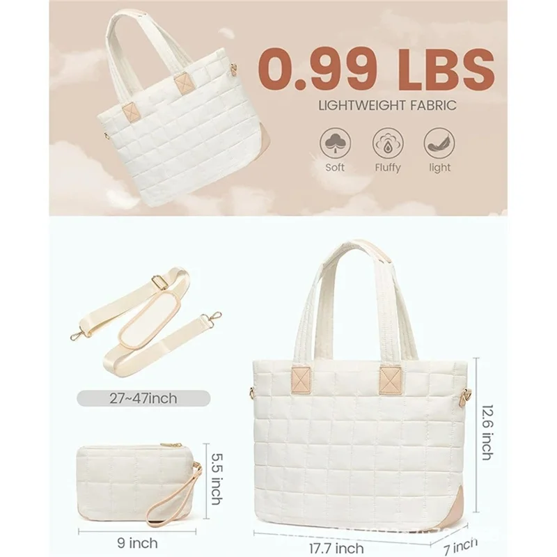 Sac fourre-tout zippé de 26 L, grand volume, sac à main matelassé pour ordinateur portable, doté de multiples poches et fonction antivol, pour bureau et voyage - Blanc