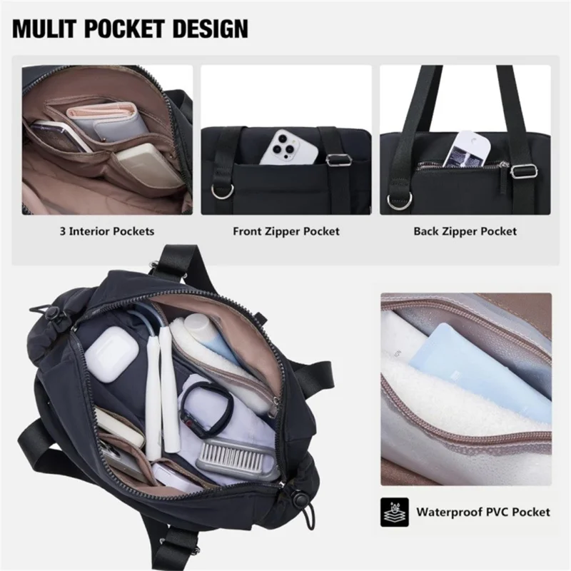 Grand sac à main multifonction avec séparation sec/mouillé, sac de sport avec bandoulière réglable et porte-monnaie amovible - Noir