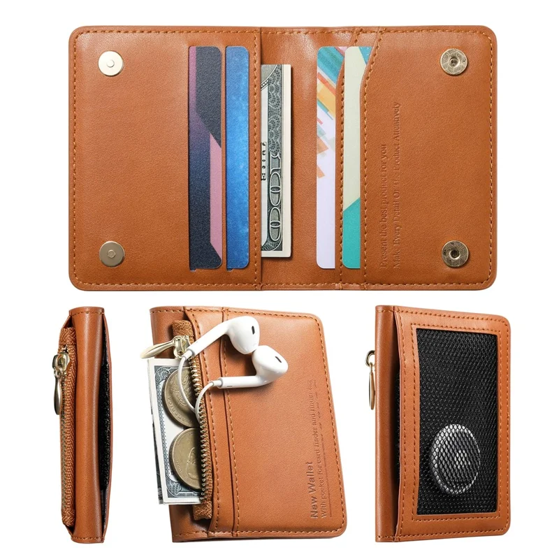Anti Theft RFID Blocking Zippered Wallet Card Holder Compact Cash Organizer Multiple Card Slots - Brown