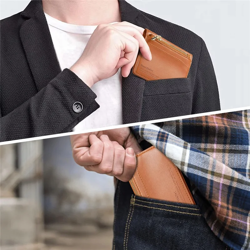 Anti Theft RFID Blocking Zippered Wallet Card Holder Compact Cash Organizer Multiple Card Slots - Brown