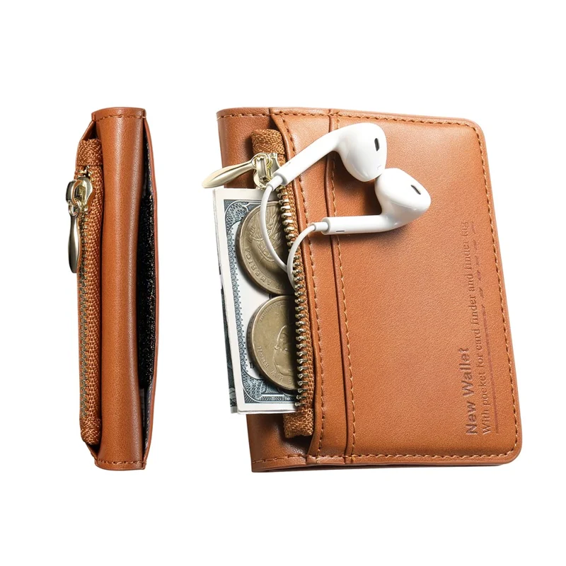 Anti Theft RFID Blocking Zippered Wallet Card Holder Compact Cash Organizer Multiple Card Slots - Brown
