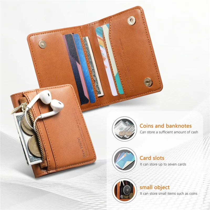 Anti Theft RFID Blocking Zippered Wallet Card Holder Compact Cash Organizer Multiple Card Slots - Brown