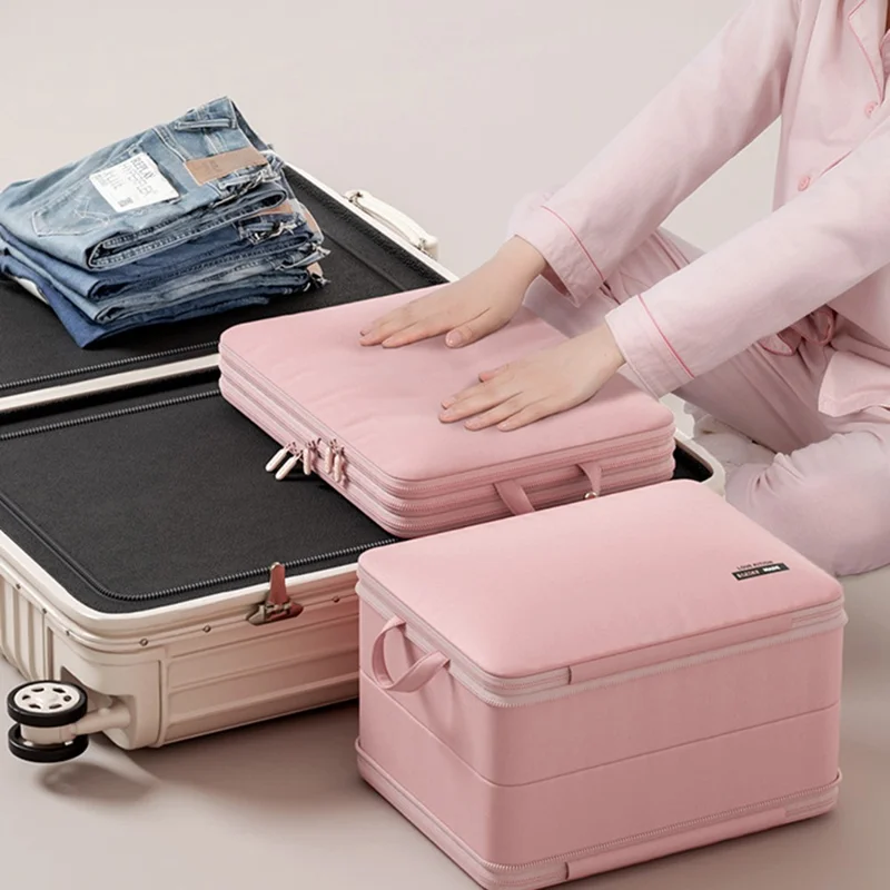 35 x 25 x 21cm Potable Storage Bag Double Layer Expandable Underwear Clothing Organizer for Travel - Pink