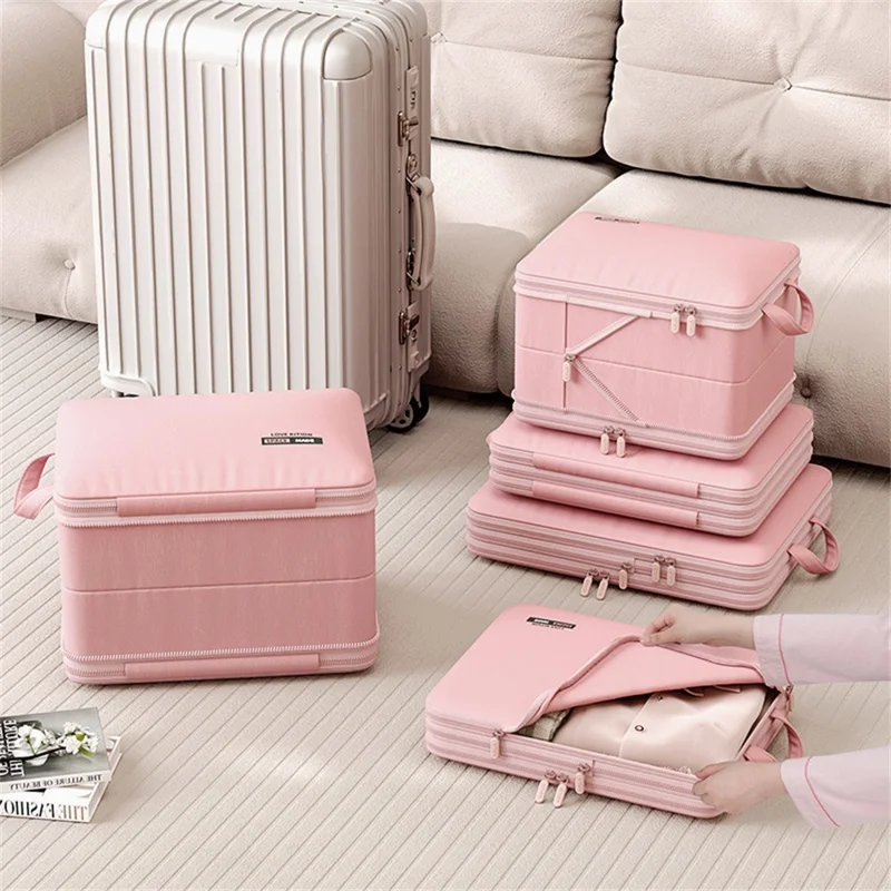 35 x 25 x 21cm Potable Storage Bag Double Layer Expandable Underwear Clothing Organizer for Travel - Pink