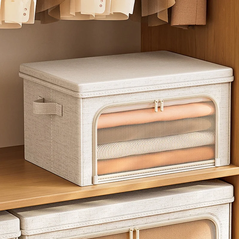 Boîte de rangement L en coton et lin avec couvercle, organisateur de vêtements pliable, 50 x 40 x 33 cm - Jaune clair