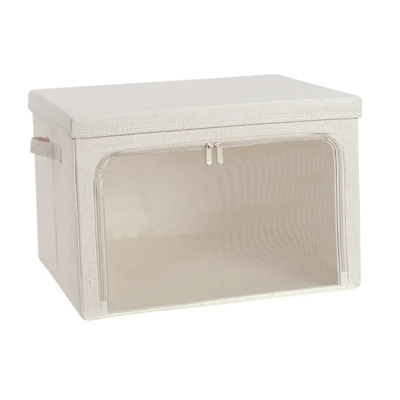 Boîte de rangement XL en coton et lin avec couvercle, organisateur de vêtements pliable, 60 x 42 x 40 cm - Jaune clair