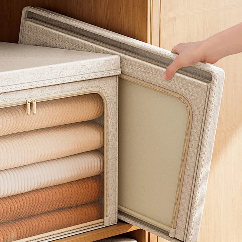 Boîte de rangement XL en coton et lin avec couvercle, organisateur de vêtements pliable, 60 x 42 x 40 cm - Jaune clair